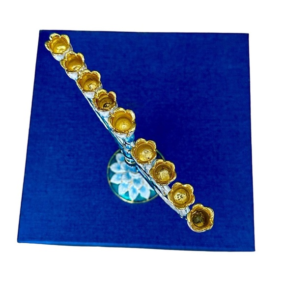 Menorah Hanukkah  Hand Painted Brass Enamel  NWB 6” By 6” Blue Teal Gold - Picture 14 of 16